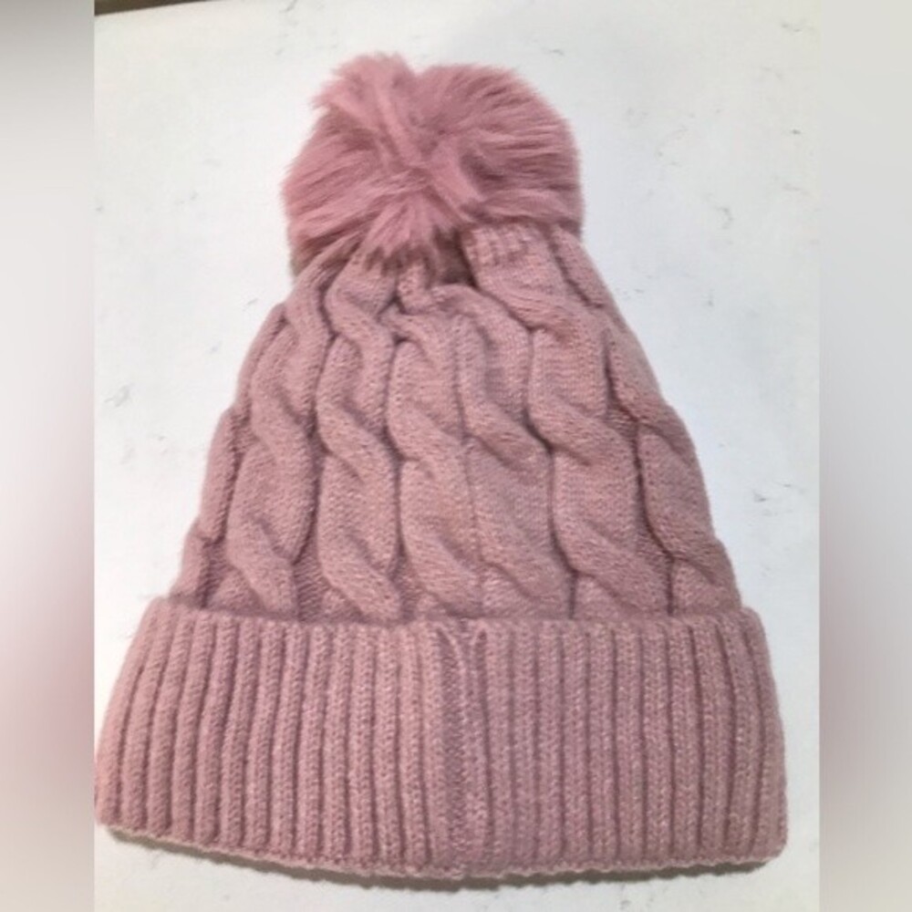 NWT- Pink Womens Lined Beanie with Puff